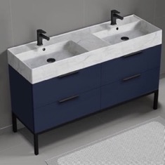 Modern Double Bathroom Vanity, Blue, 56 inch, Marble Style Sink, Free Standing